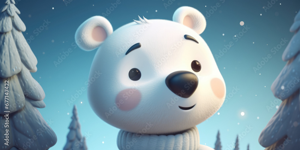 Fototapeta premium Cute Cartoon Polar Bear in winter snowy forest