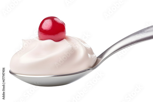 Spoon of yogurt and cherry isolated on white background, full depth of field