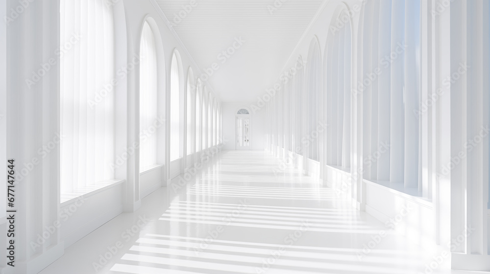 Fototapeta premium Long empty corridor with columns at modern white house. A lot of light. Minimalistic style photography. Generative AI.