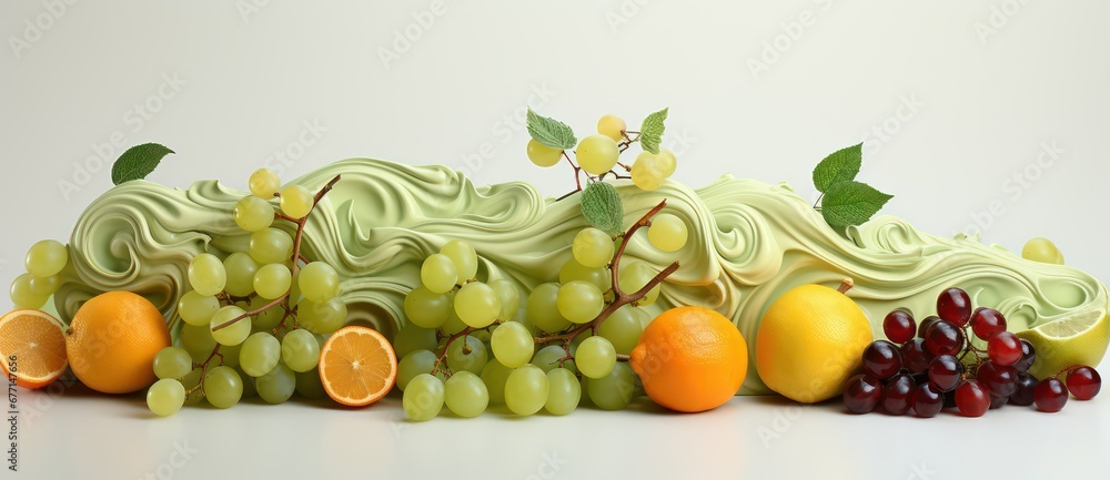 Fresh fruits and berries in water splash with fruity cream on background