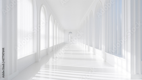 Long empty corridor with columns at modern white house. A lot of light. Minimalistic style photography. Generative AI.