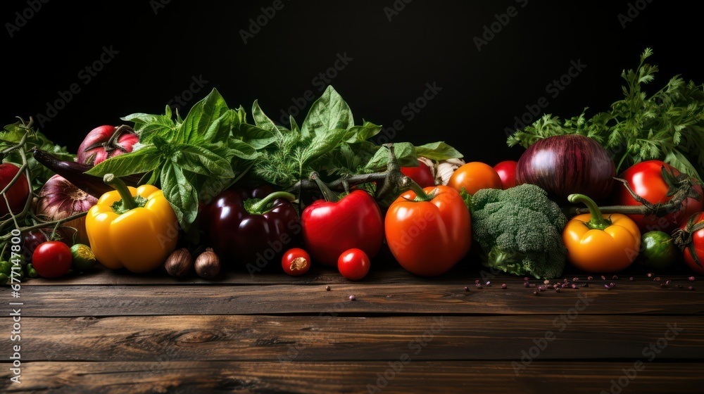 Variety of fresh herbs and vegetables on the table wooden background Variety of fresh herbs and vegetables on the table wooden background