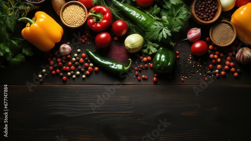 Vegetables and spices on black wooden background table top view