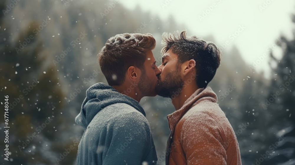 Gay love, non-traditional values and freedom of speech. Two young attractive guys hug and kiss in winter forest during a snowfall. Generative AI. - obrazy, fototapety, plakaty 