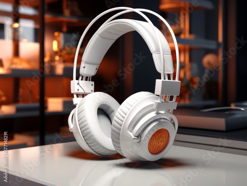 Modern white headphones on reflective surface. Generative AI