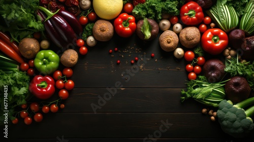 Variety of fresh herbs and vegetables on upper side of table wooden background