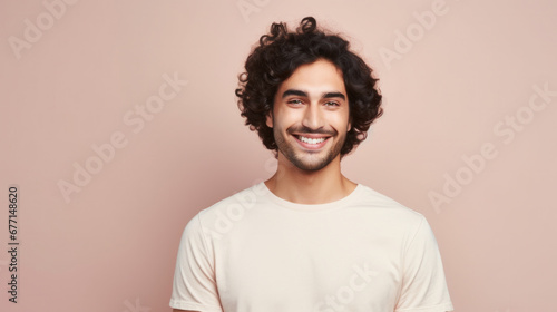 Joyful young man with curly hair smiling against a peach background. © Ai Studio