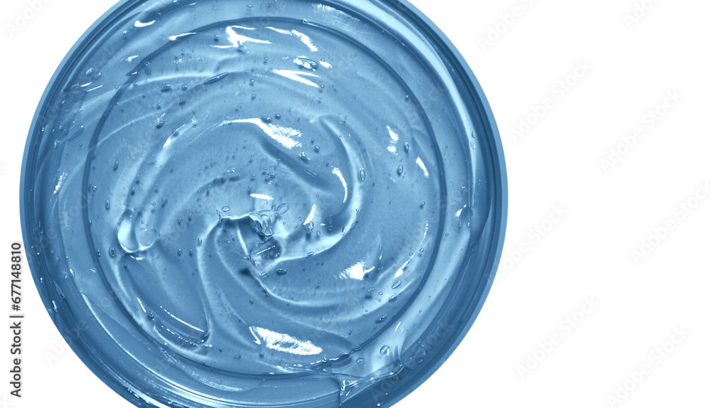 Transparent blue cosmetic gel in a round jar. View from above. On an empty background. Transparent blue cosmetic gel in a round jar. View from above. On an empty background.