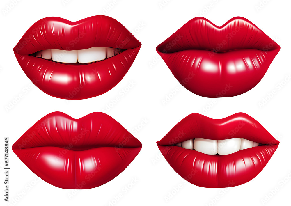 Set of 3d realistic red lips showing teeth isolated on white or transparent background, png. - obrazy, fototapety, plakaty 