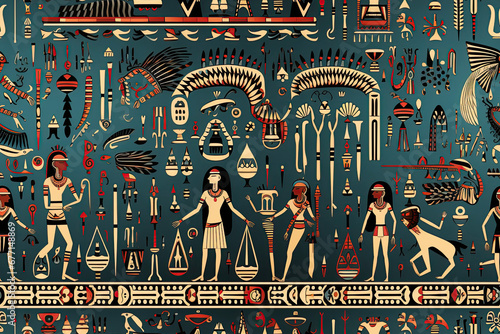 ancient Egyptian ethnic seamless patterns on black background with multicolored African tribal symbols and signs