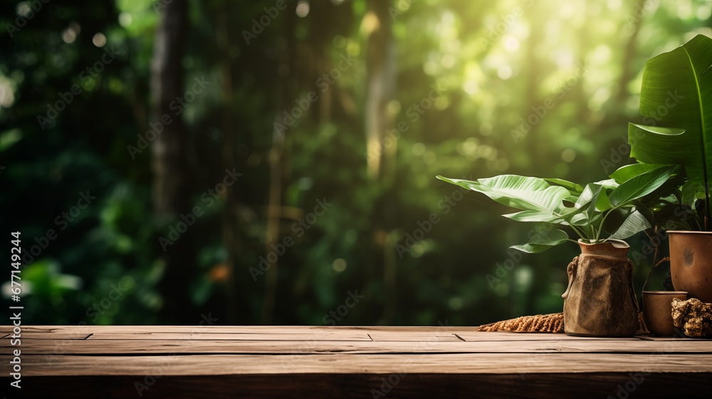 The empty wooden table top with blur background of forest . Exuberant image. soft focus background. copy space.
