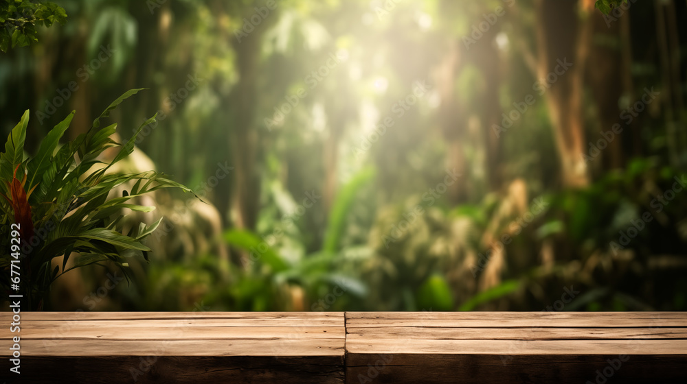 The empty wooden table top with blur background of forest . Exuberant image. soft focus background. copy space. The empty wooden table top with blur background of forest . Exuberant image. soft focus background. copy space.