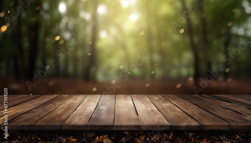 The empty wooden table top with blur background of forest . Exuberant image. soft focus background. copy space.