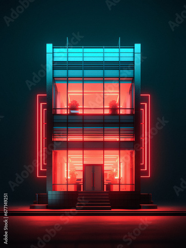 Neon Office Building - Retro Futuristic Architecture Concept (ID: 677149251)