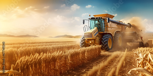 the Rural Landscape with Tractor Backdrop combine harvester in a field with a tractor in the background generative ai 