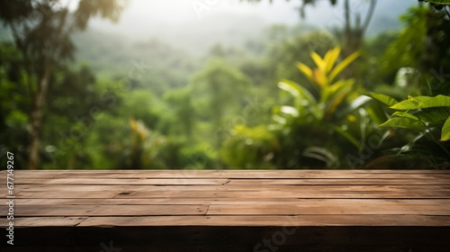 The empty wooden table top with blur background of forest . Exuberant image. soft focus background. copy space. 