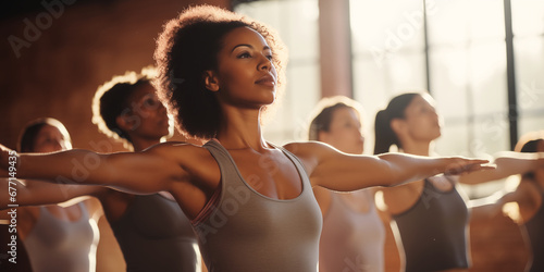 Group of young women stretching arms indoors, gym workout concept