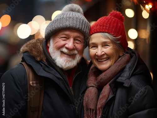 Senior couple with joyful smiles in winter hats outdoors. Generative AI