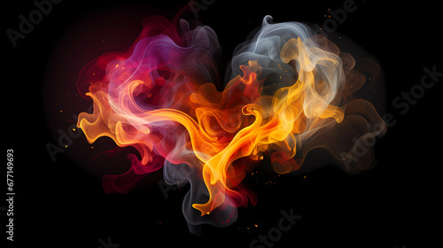 Heart Shaped Colorful Powder Background. Abstract freeze motion dust cloud. Particles explosion screen saver, wallpaper with smoke. Love romantic concept for Valentines day.
