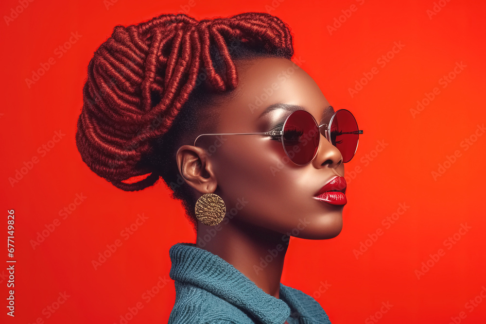 Beauty portrait of african american woman on red background. Generative Ai Beauty portrait of african american woman on red background. Generative Ai