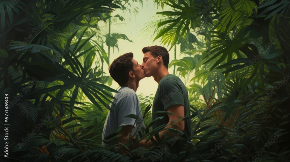 Fototapeta premium Gay love, non-traditional values and freedom of speech. Two young attractive guys kiss in rainforest among green palm trees. The honeymoon. Generative AI.