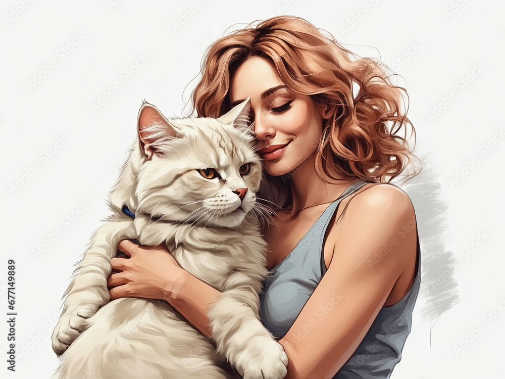 happy girl holding a cat, illustration. Generative Ai happy girl holding a cat, illustration. Generative Ai
