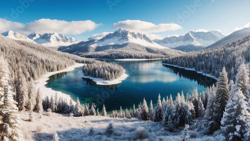 Beautiful highland blue lake among snow mountains, Christmas trip concept. Generative Ai