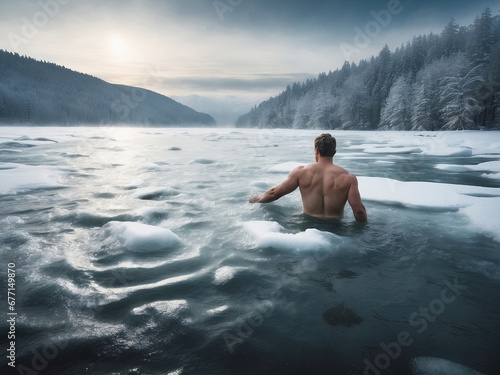 Winter swimming  man in frozen lake. Generative Ai