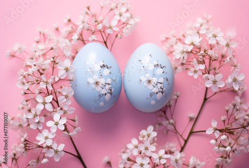 two easter eggs on a pink background with baby s breath  light azure and indigo  allover composition  nature-inspired installations