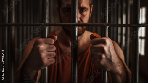 Inmate grips jail bars tightly, a look of contemplation on his face