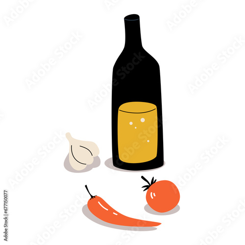 Bottle Of Wine With Garlic, Tomato And Pepper