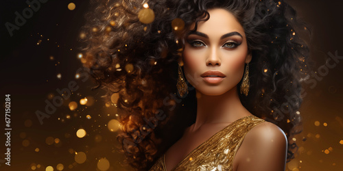 A portrait of a beautiful African American woman in a golden dress, surrounded by gold dust and confetti
