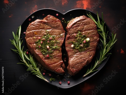 Two delicious beef steaks cut into a heart shape with rosemary in plate on a dark table background