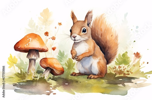 watercolor illustration of a squirrel with a mushroom and leaves decorative borders golden age illustrations white and orange