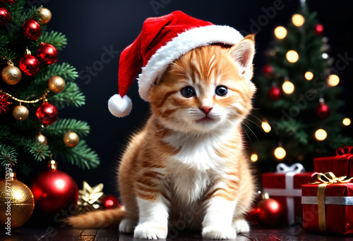 Kitten in a red Santa Claus hat. Generative AI