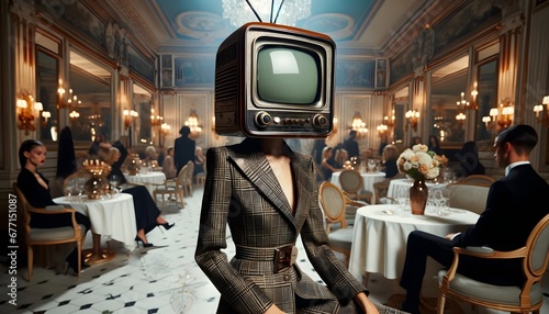 A high-fashion female model with a television for a head, Tv head, Retro style photo
