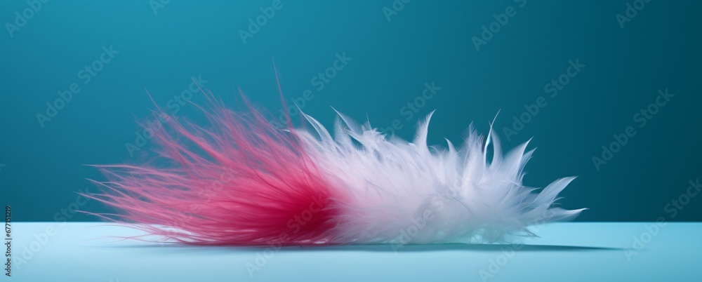 Obraz premium white purple plume rabbit tail sticking out of green water on blue background, dark pink and light azure, minimalist graphic designer, made of feathers