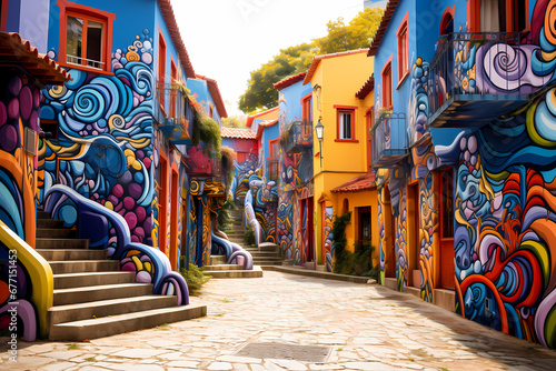 Photo de graffiti sur des façades de maison et de bâtiments en milieu urbain photo