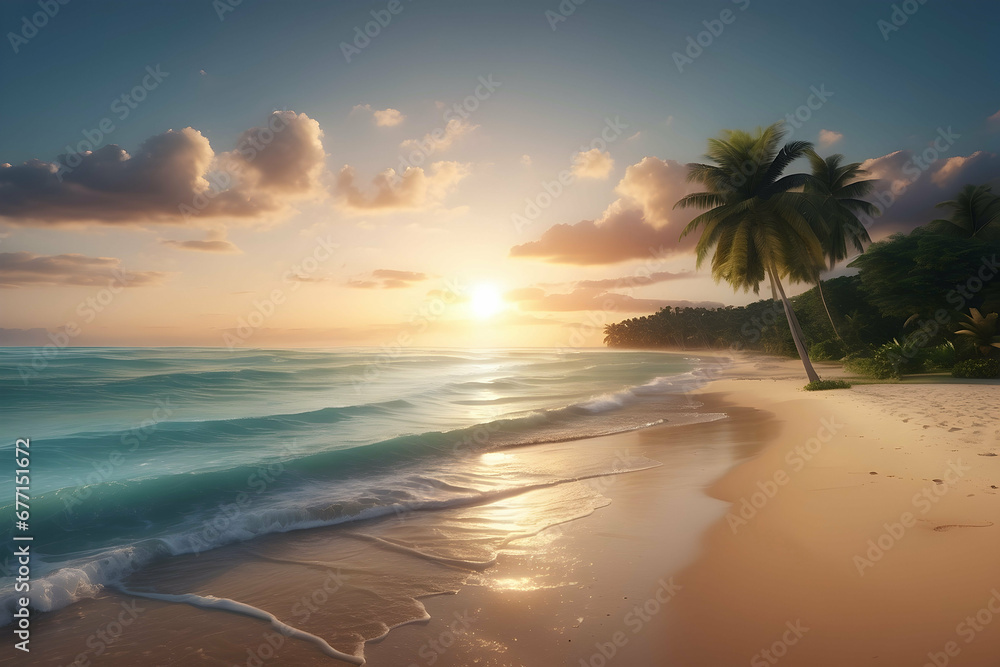 Sunset on the beach with palm trees