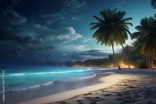 Beach with clouds and palm trees at night
