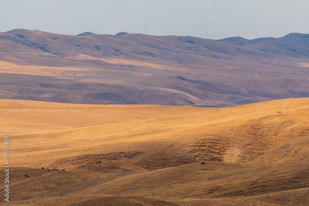 Landscape of the Georgian steppe Udabno in Georgia. Yellow-gold grass, wilde land and blue sky. Endless fields. Mountain in the background.