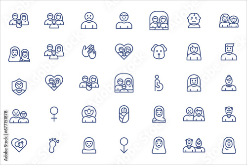 People icon set. Containing group, family, human, team, community, friends, population and senior icons. Solid icon collection. photo