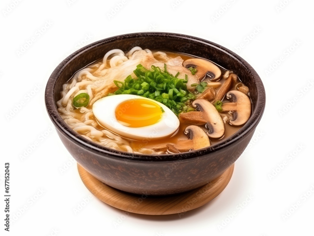 Ramen soup with mushrooms and eggs isolated on a white background