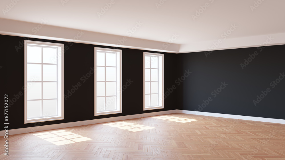 Obraz premium Sunny Interior with Black Walls, Three Large Windows, White Ceiling and Cornice, Glossy Herringbone Parquet Flooring and a White Plinth, 3D rendering. 8K Ultra HD, 7680x4320, 300 dpi