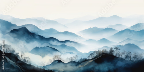 Panoramic view of the mountains in the fog. Misty Mountain scenery, Watercolor. Mountains Landscape