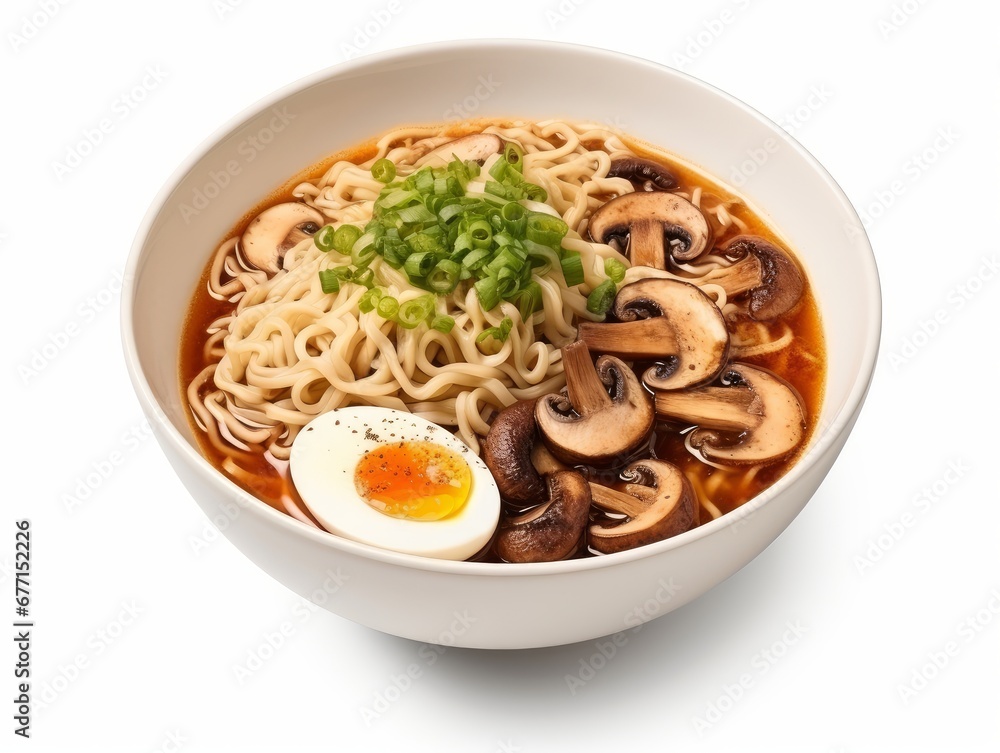 Ramen soup with mushrooms and eggs isolated on a white background Ramen soup with mushrooms and eggs isolated on a white background