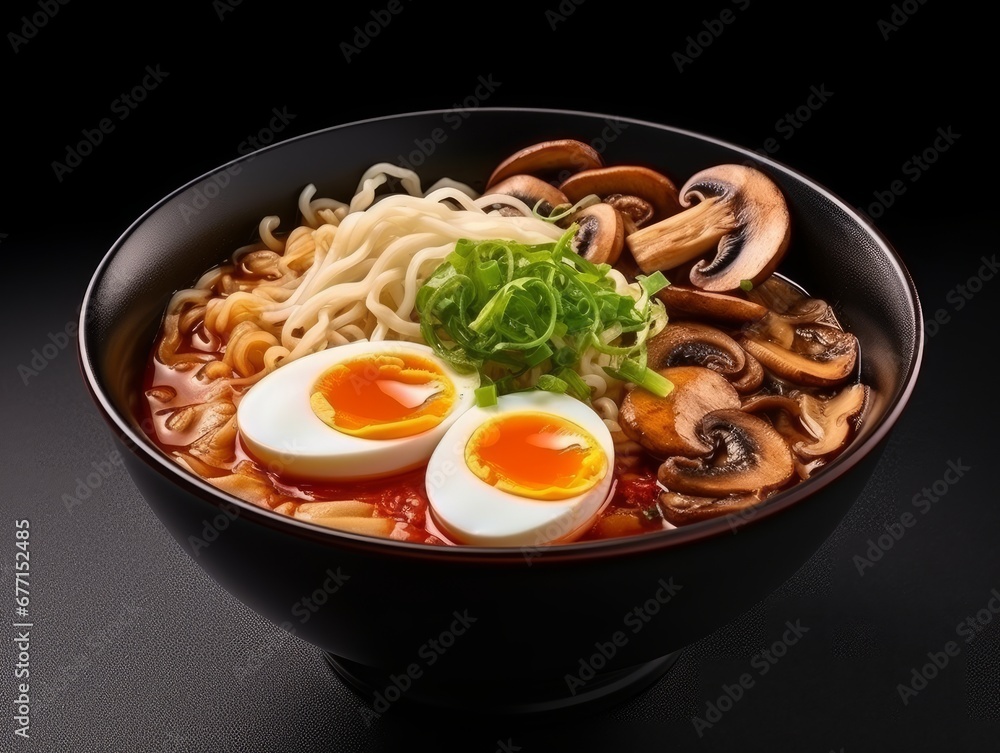 Ramen soup with mushrooms and eggs isolated on a black background