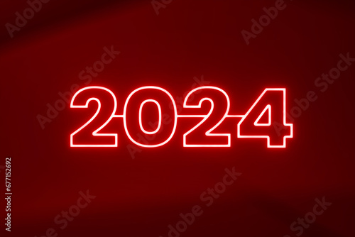 Red neon light 2024 text effect glow in the dark template, happy New year neon text