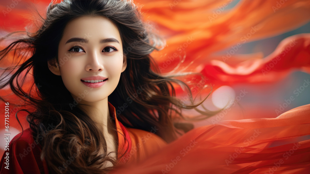 Vogue Chinese girl wears a red traditional dress with dynamic and elegant red silk Vogue Chinese girl wears a red traditional dress with dynamic and elegant red silk