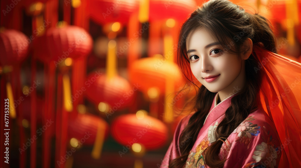 Vogue Chinese girl wears a red traditional clothing in Chinese lunar New Year background, lanterns Vogue Chinese girl wears a red traditional clothing in Chinese lunar New Year background, lanterns